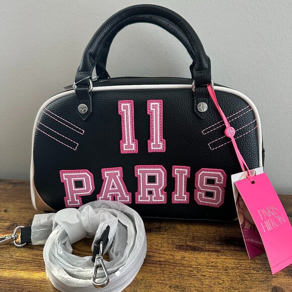 New Paris Hilton PH Varsity 11 Bowler Satchel Crossbody Bag Black Pink Brown - Picture 1 of 8